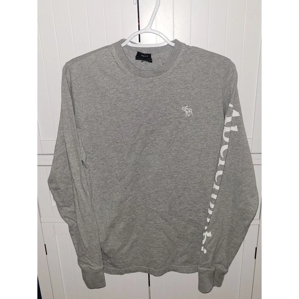 Abercrombie & Fitch Mens Muscle‎ Fit Long Sleeve Tee Grey Moose Logo Small y2k